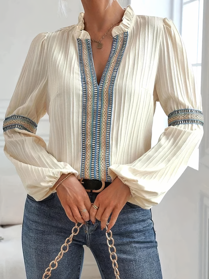 Elegant V Neck Ruffle Long Sleeve Blouse