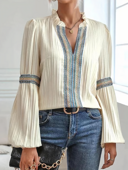 Elegant V Neck Ruffle Long Sleeve Blouse - OutfitLondon
