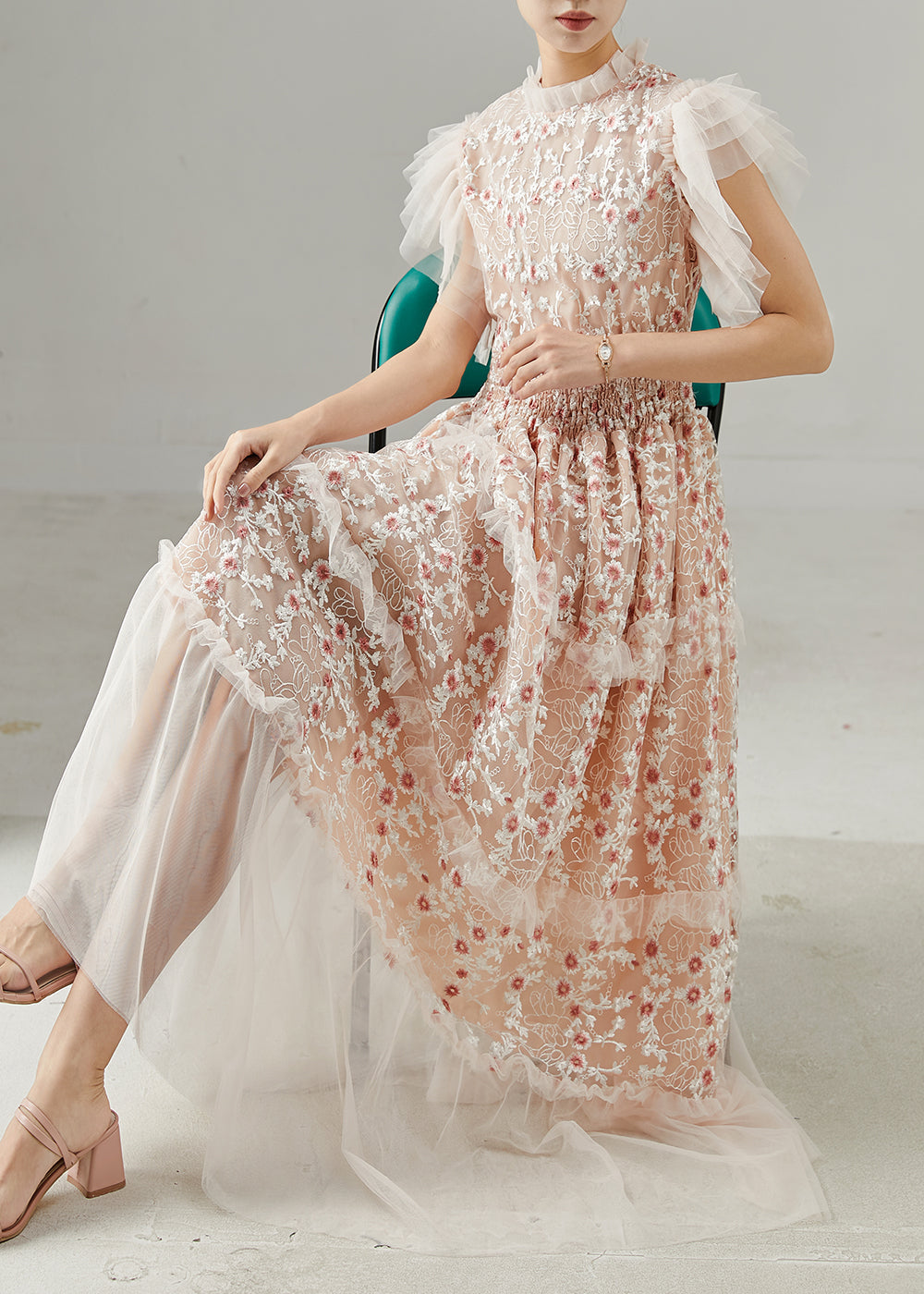 Women's Tulle Patchwork Dress Ankle Length Apricot - OutfitLondon