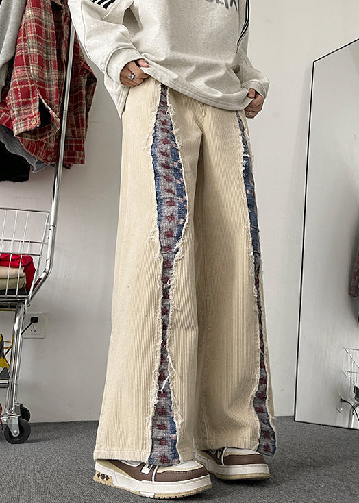 Men's Corduroy Pants Wide Leg Elastic Waist Apricot Patchwork - OutfitLondon