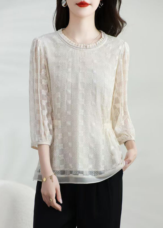 Women's Silk T-Shirt Round Neck Embroidered Sleeves Apricot - OutfitLondon