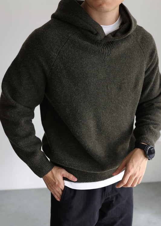 Men's Wool Blend Hooded Sweater Army Green Warm - OutfitLondon