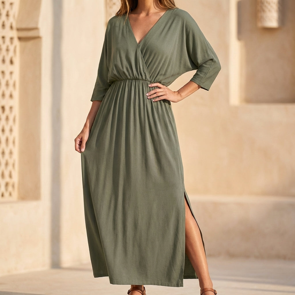 Elegant V Neck Wrap Dress for Women - OutfitLondon