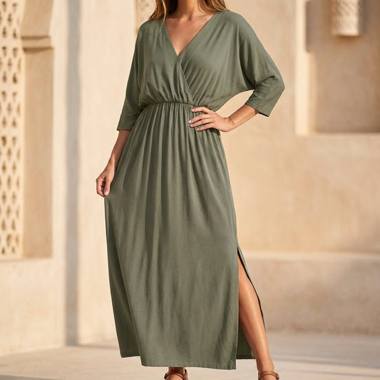 Elegant V Neck Wrap Dress for Women - OutfitLondon