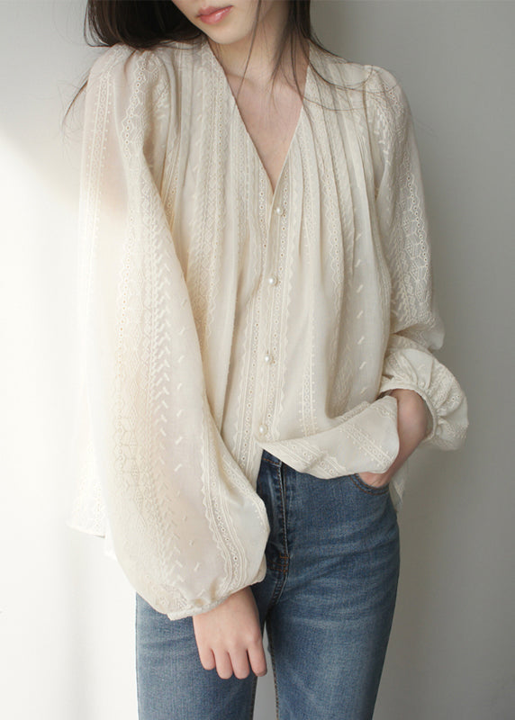 Women's Silk Chiffon Blouse Embroidered Lantern Sleeves Loose Fit - OutfitLondon
