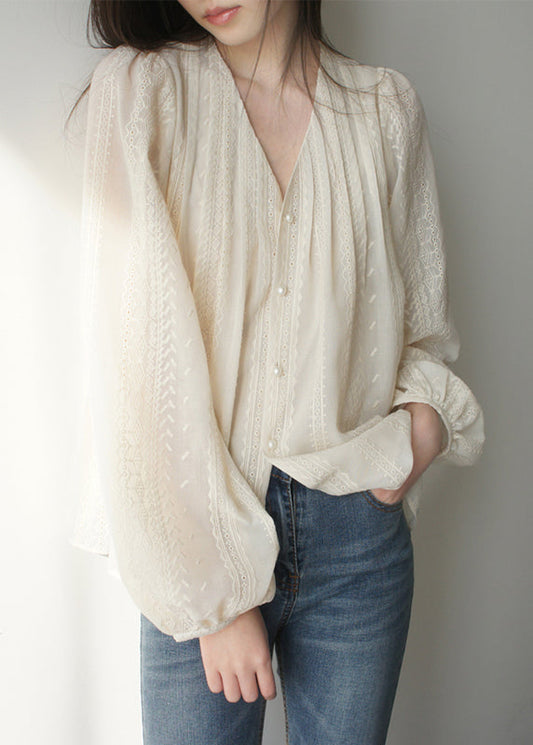 Women's Silk Chiffon Blouse Embroidered Lantern Sleeves Loose Fit - OutfitLondon