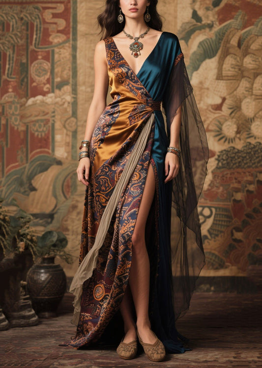 Women's Silk Maxi Dress Asymmetrical Patchwork - OutfitLondon