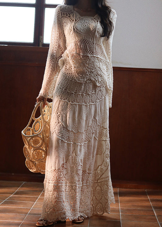 Women's Beige Lace Two Piece Set Sheer Skirt - OutfitLondon