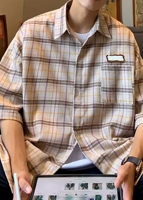 Men's Cotton Plaid Short Sleeve Shirt Beige Lightweight - OutfitLondon