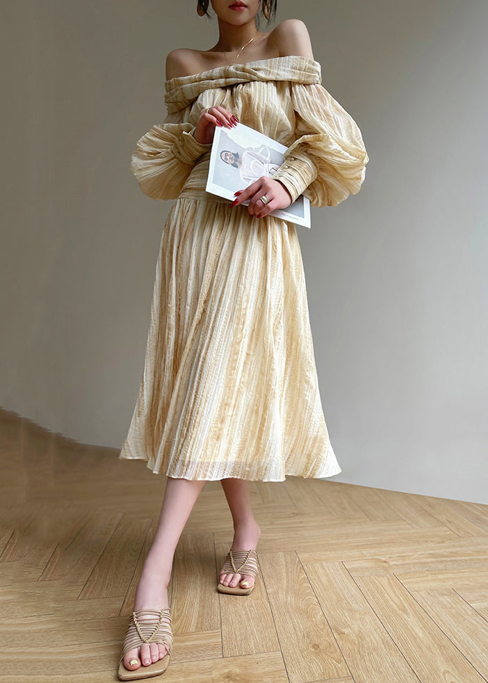 Women's Beige Two Piece Shirt And Skirt Set Bateau Neck Lantern - OutfitLondon