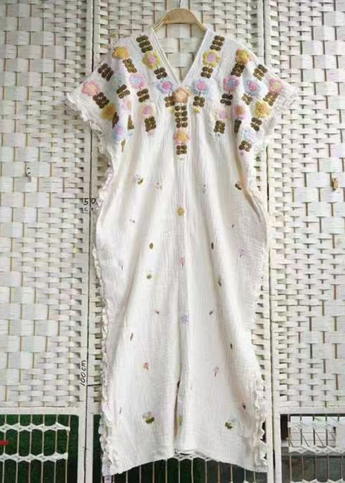 Women's Beige Cotton Maxi Dress Embroidered V Neck - OutfitLondon