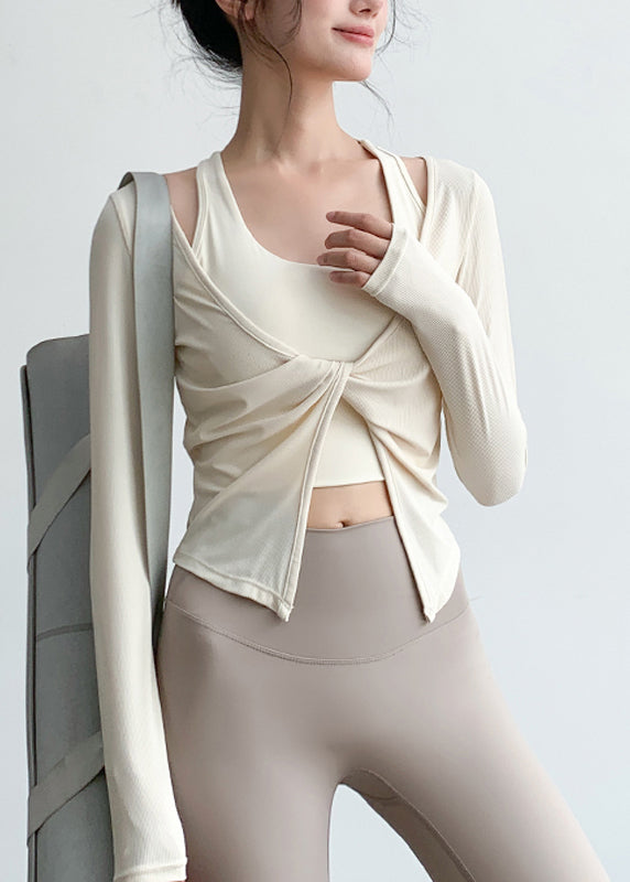Women's V Neck Yoga Beige Silk Breathable - OutfitLondon
