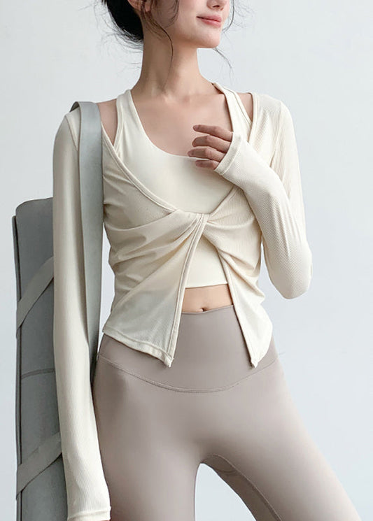 Women's V Neck Yoga Beige Silk Breathable - OutfitLondon