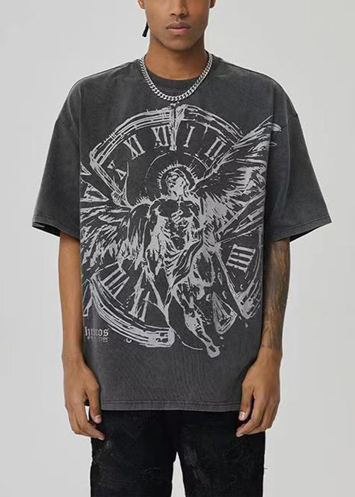Men's Graphic Cotton T Shirt Black Angel Clock Print - OutfitLondon