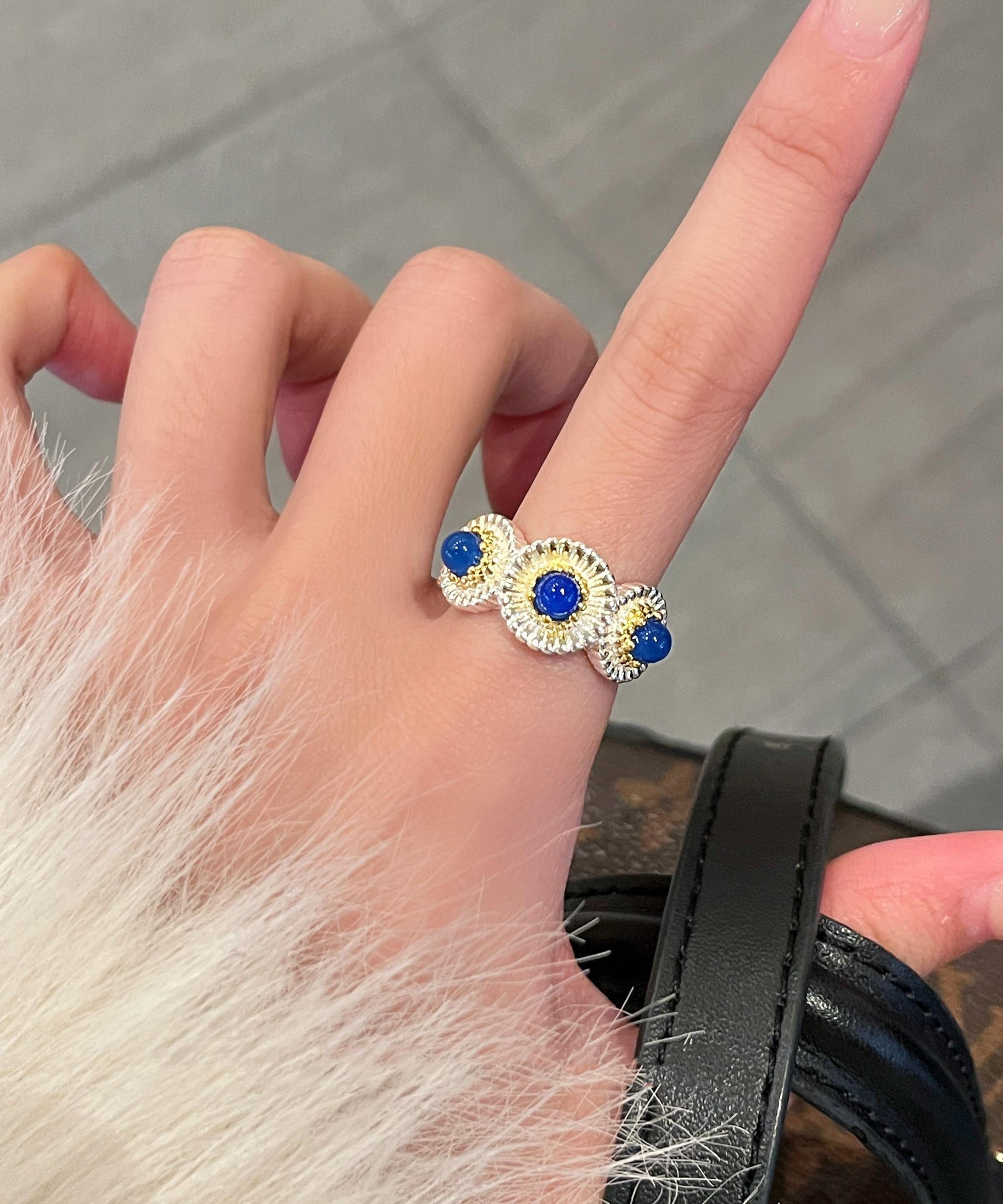 Petite Blue Alloy Daisy Ring Set With Chalcedony And Zircon - OutfitLondon