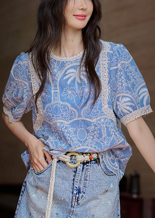 Women's Cotton Lace Blouse Embroidered Breathable White - OutfitLondon