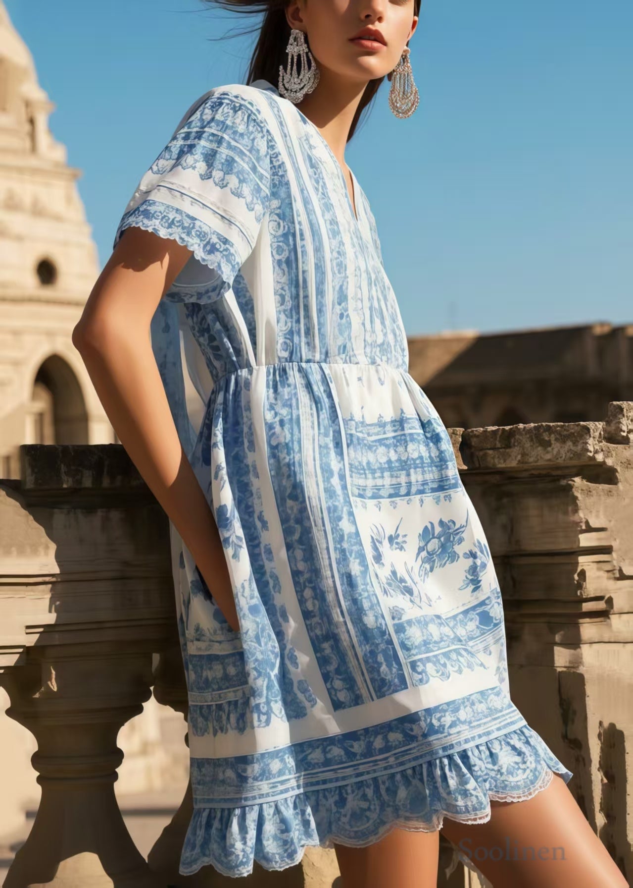 Women's Lightweight Cotton Vacation Dress Blue Print V Neck - OutfitLondon