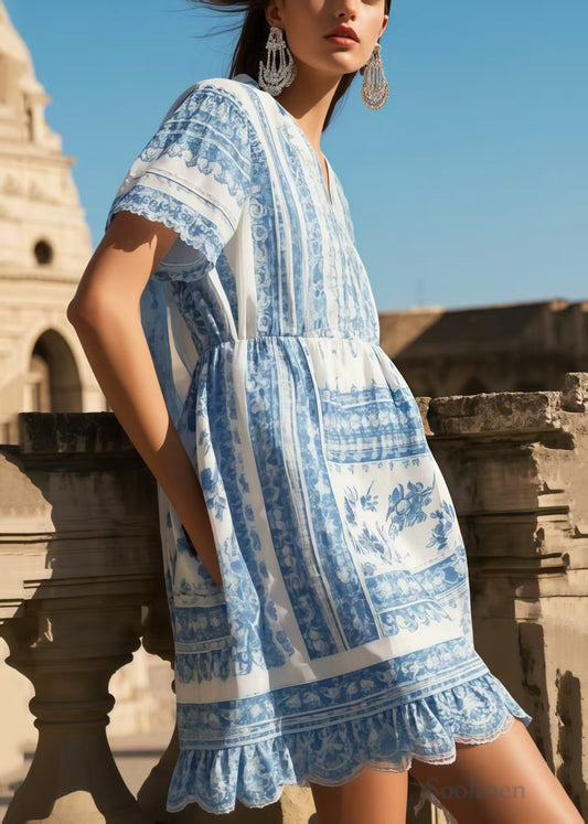 Women's Lightweight Cotton Vacation Dress Blue Print V Neck - OutfitLondon