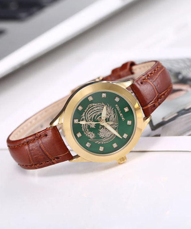 Brown Leather Waterproof Watch With Glowing Jade - OutfitLondon