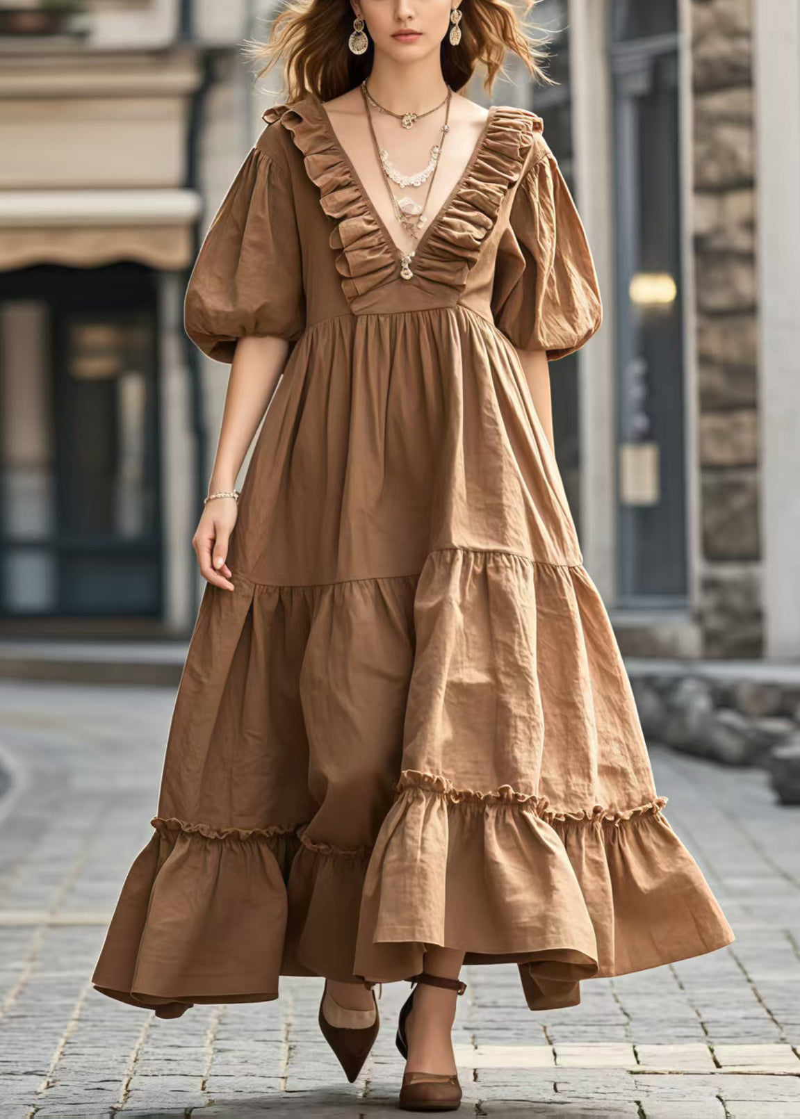 Women's V Neck Cotton Maxi Dress Tiered Ruffle Hem - OutfitLondon