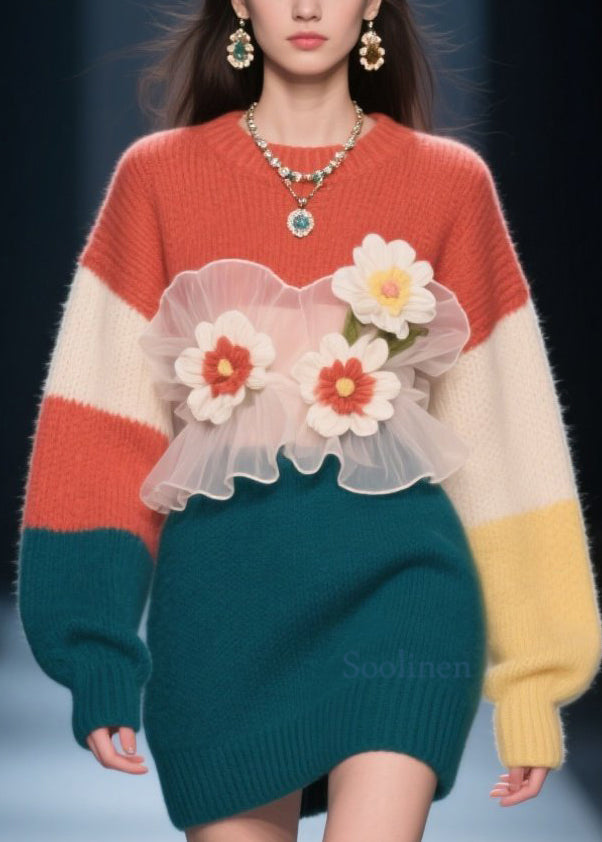 Women's Floral Tulle Dress Color-Block Knit Warm Beige - OutfitLondon