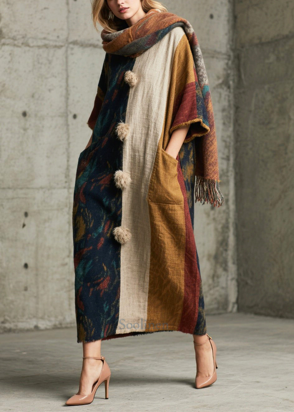 Oversized Color Block Maxi Dress Patchwork Design - OutfitLondon