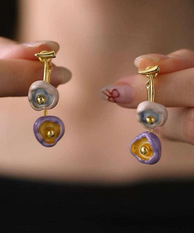 Women's Copper Gold Drop Earrings Orange Floral - OutfitLondon
