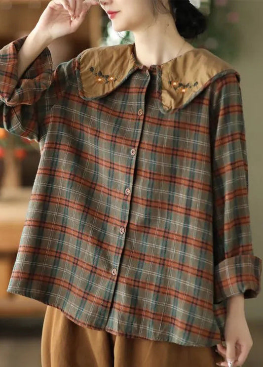 Women's Cotton Blouse Green Plaid Embroidered Relaxed Fit - OutfitLondon