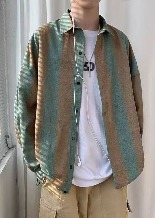 Men's Green Striped Cotton Shirt Peter Pan Collar Lightweight - OutfitLondon