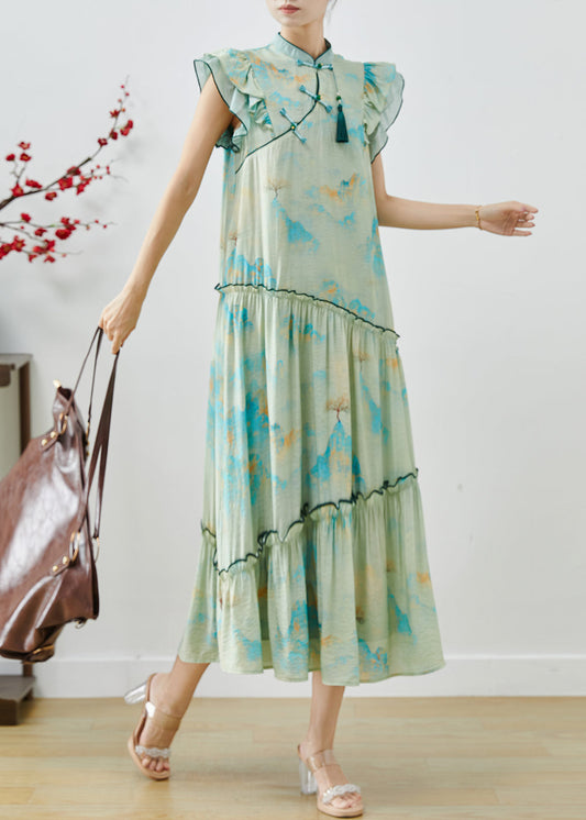 Women's Silk Blend Maxi Dress Pom Pom Print Relaxed Fit - OutfitLondon