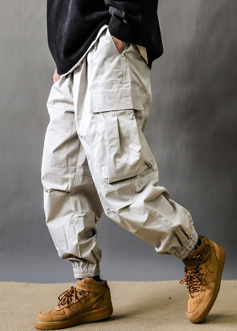 Mens Gray Cotton Cargo Pants Elastic Waist - OutfitLondon