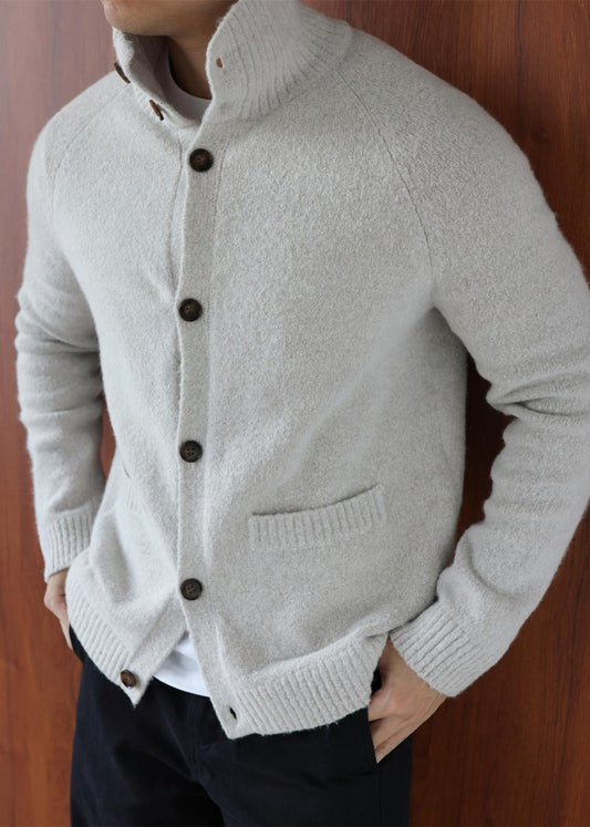 Men's Grey Cotton Cardigan Button Front Turtleneck - OutfitLondon