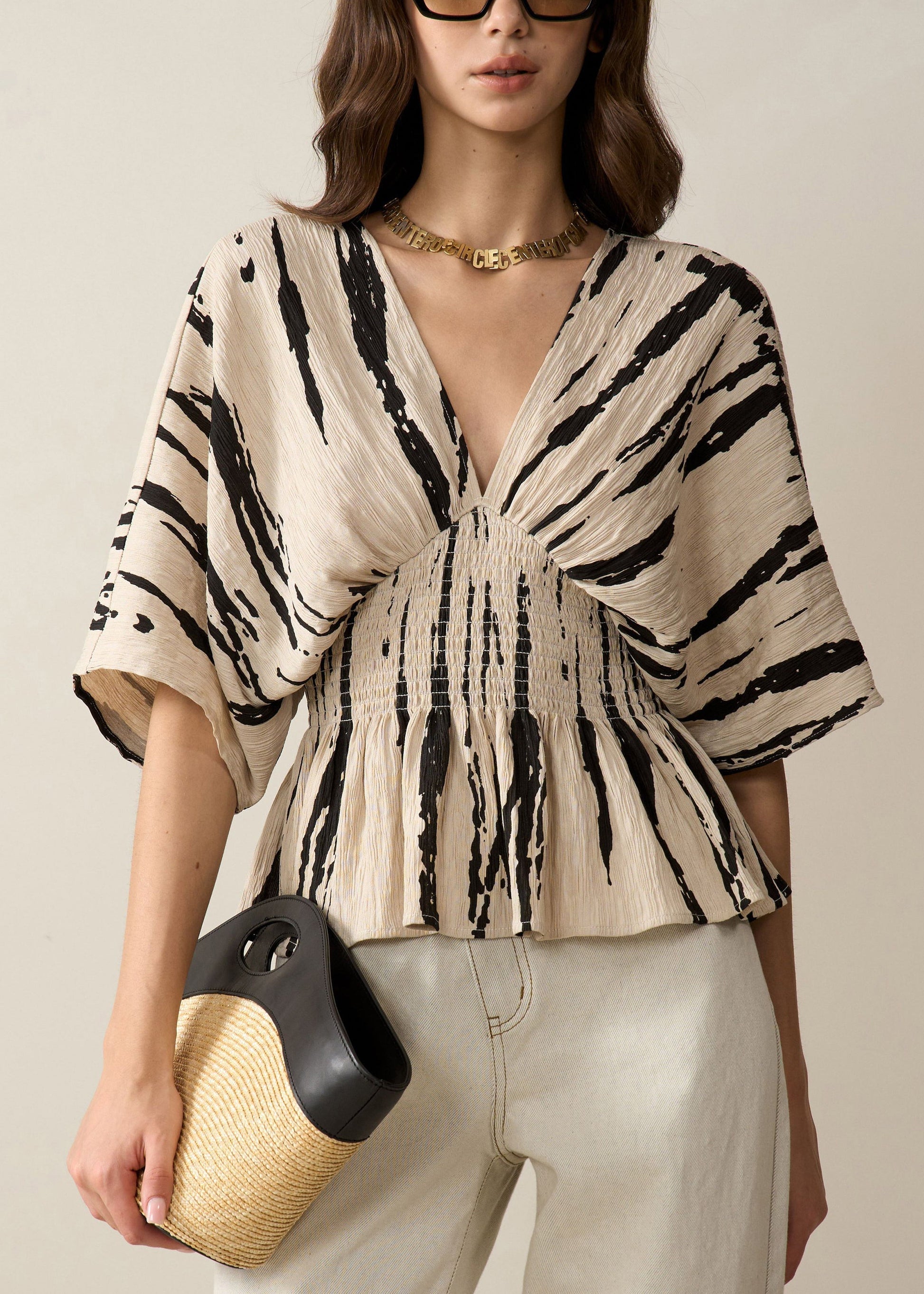 Women's Cotton V Neck Shirt Khaki Print Relaxed Fit - OutfitLondon