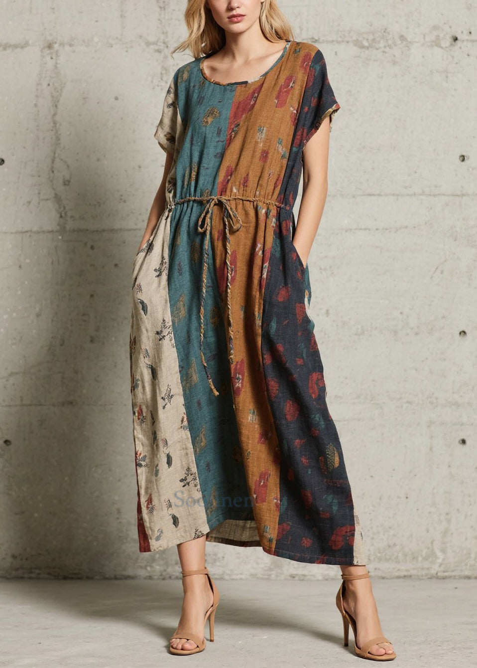 Women's Floral Cotton Maxi Dress With Tie Waist - OutfitLondon