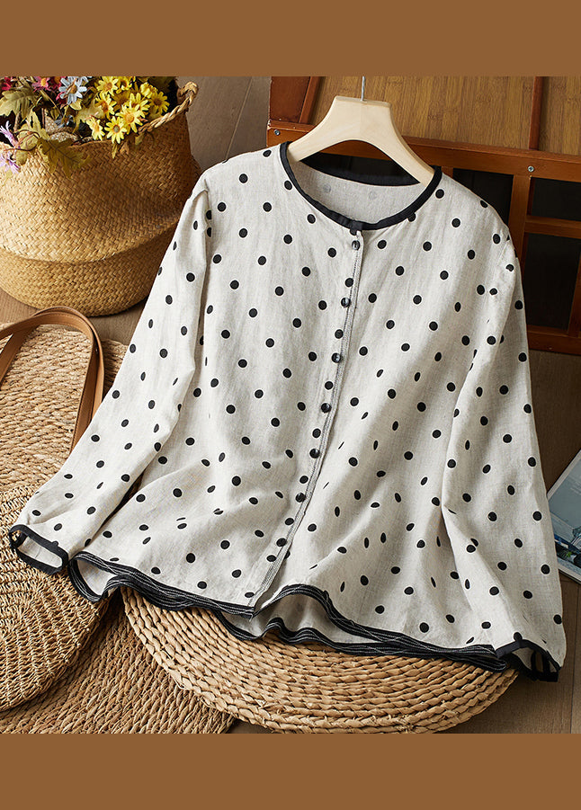 Women's Cotton Linen Blend Shirt Round Neck Polka Dot White - OutfitLondon