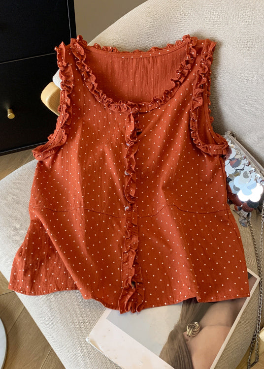 Women's Cotton Blouse Sleeveless Ruffle Polka Dot White - OutfitLondon