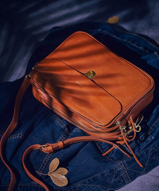 Leather Crossbody Bag Orange Durable Zipper Closure - OutfitLondon