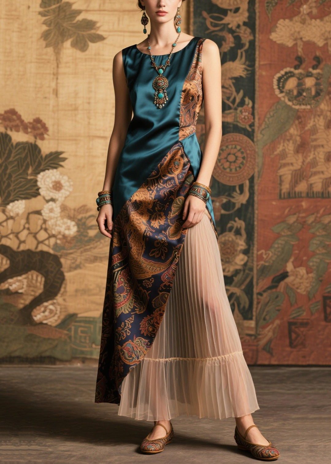 Women's Silk Blend Sleeveless Dress Peacock Blue Asymmetric - OutfitLondon