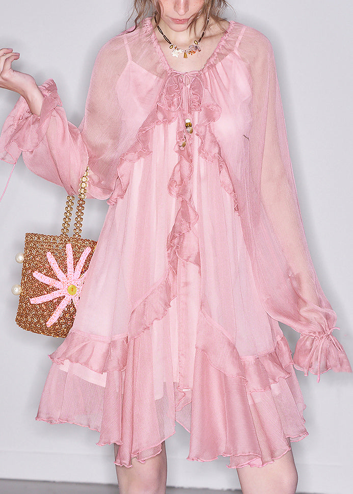 Women's Two-Piece Georgette Set Ruffle Sleeves Pink - OutfitLondon