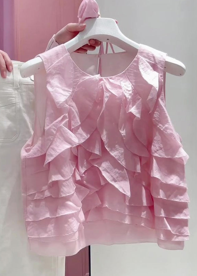Women's Cotton Blouse Ruffled Lightweight Pink - OutfitLondon