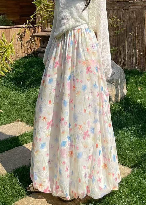 Women's Silk Chiffon Skirt Elastic Waist Printed Drawstrings - OutfitLondon