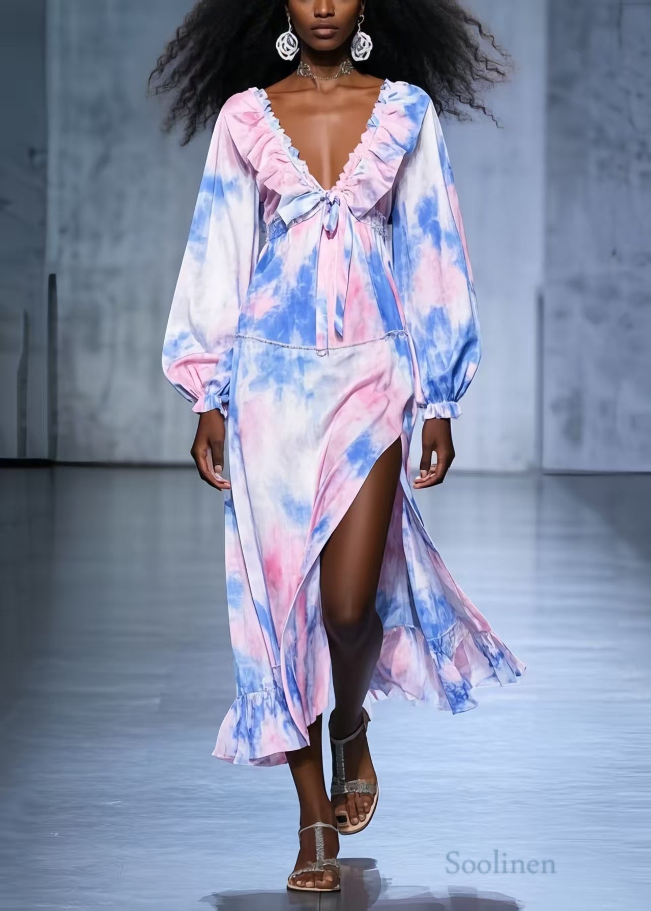 Women's Silk Chiffon Rainbow Tie Dye Dress with Ruffles - OutfitLondon
