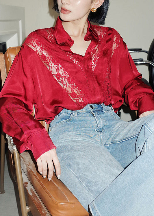Women's Cotton Blouse Patchwork Lace Red - OutfitLondon