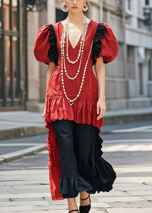 Women's Cotton Blend Two Piece Dress Red Patchwork Puff Sleeves - OutfitLondon
