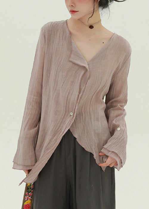 Women's Linen Lace Shirt Pink Buttons Relaxed Fit - OutfitLondon