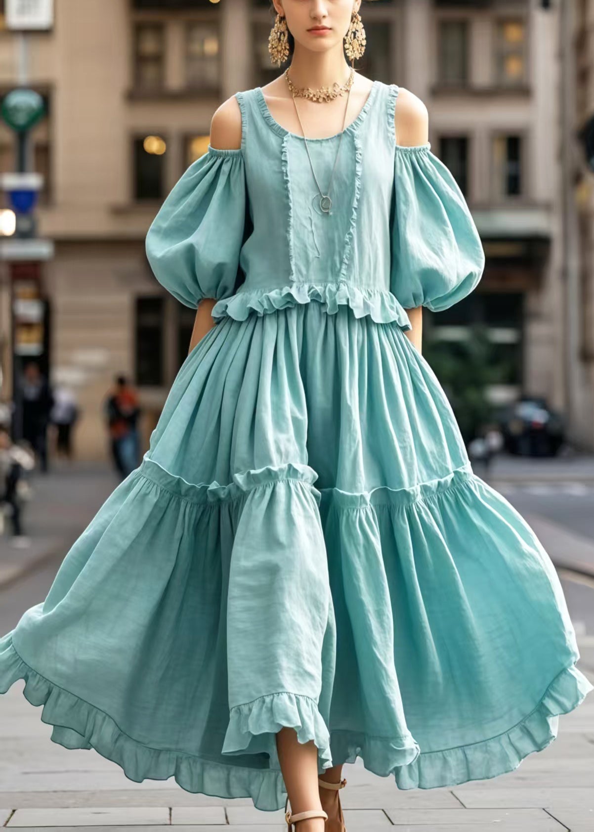 Women's Cotton Off-Shoulder Summer Dress Sky Blue - OutfitLondon