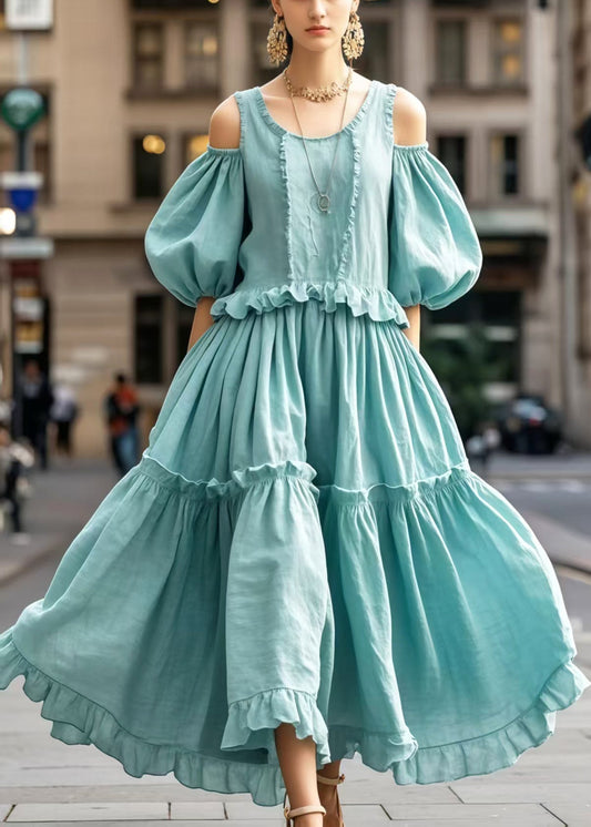 Women's Cotton Off-Shoulder Summer Dress Sky Blue - OutfitLondon