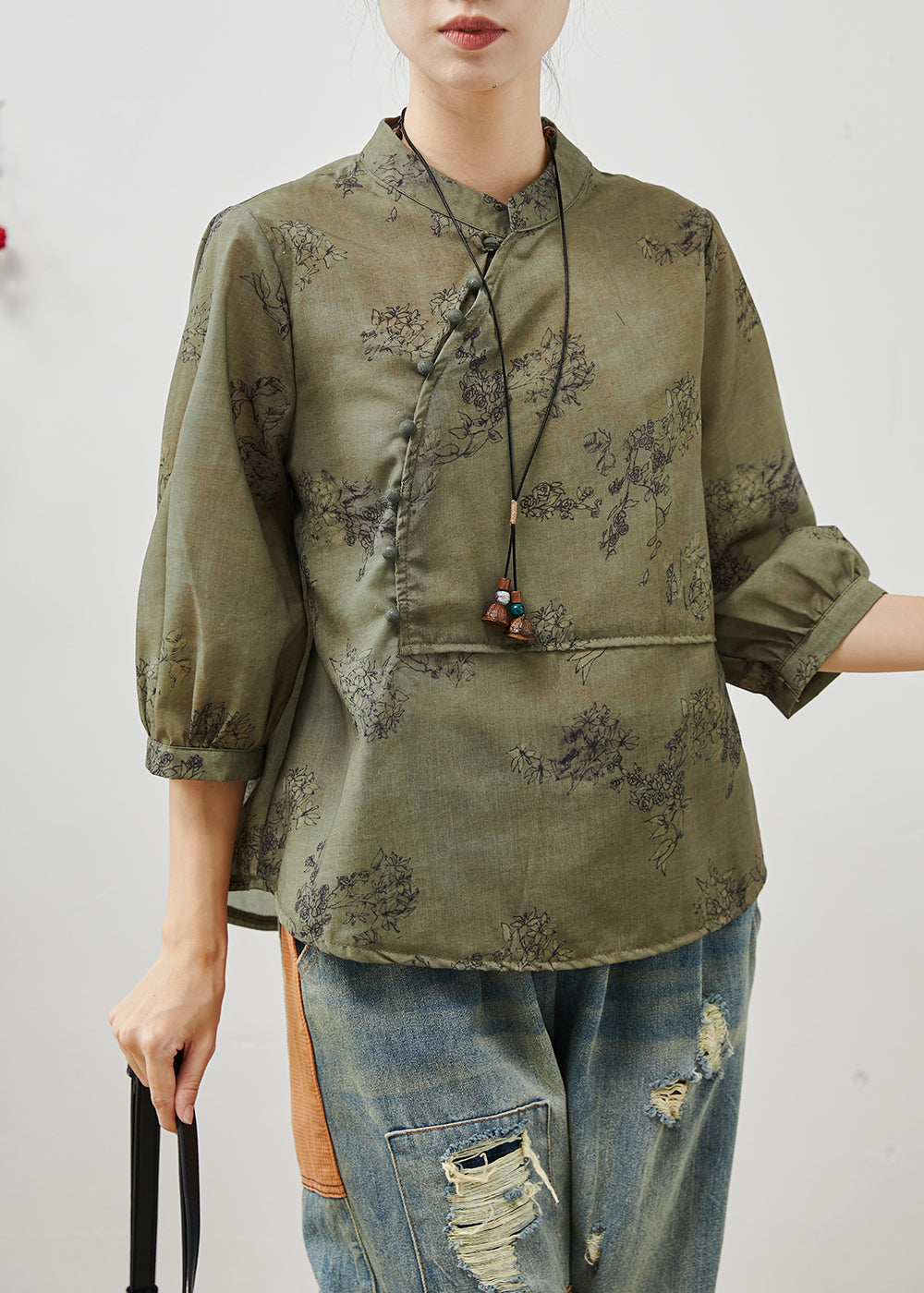 Women's Cotton Blouse Green Print Bracelet Sleeves - OutfitLondon