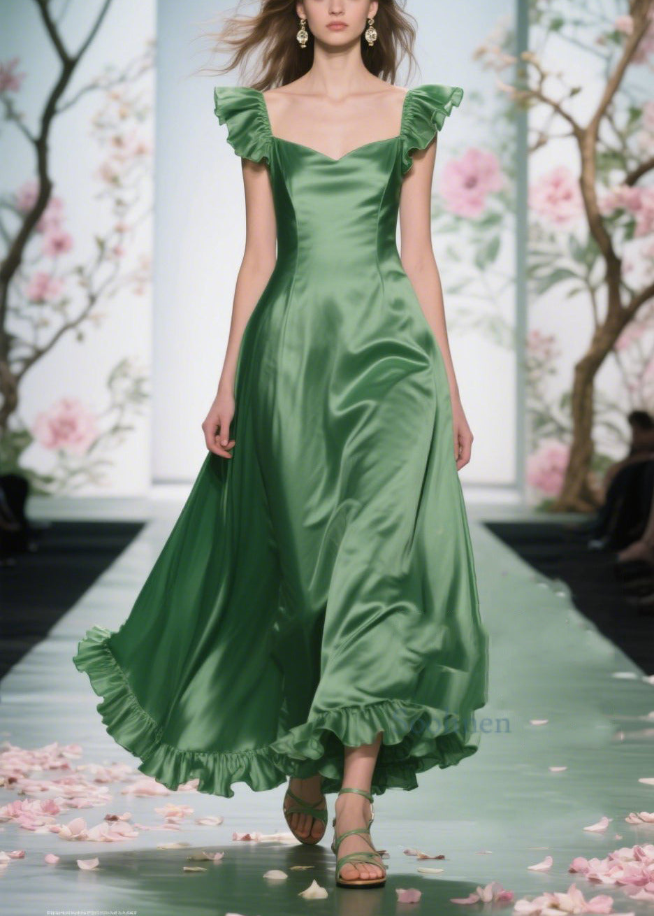Women's Green Silk Maxi Dress Flutter Sleeves Ruffle Hem - OutfitLondon