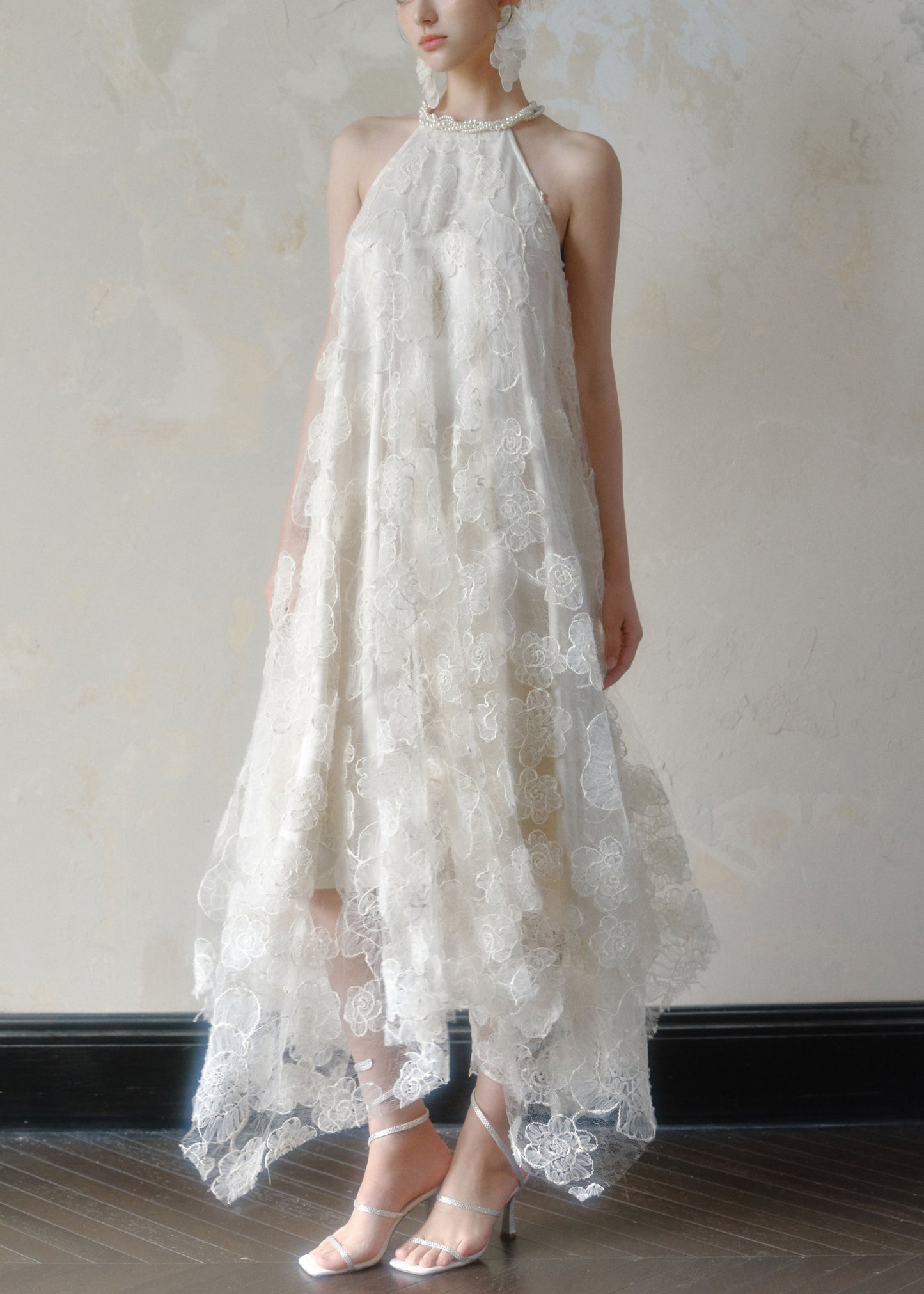 Women's Beaded Lace Gown White Asymmetric Hem Floor Length - OutfitLondon